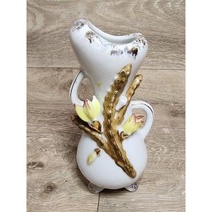 Vintage White Gold Ornate Art Pottery Bud Vase Kitschy Beautiful 6" Signed